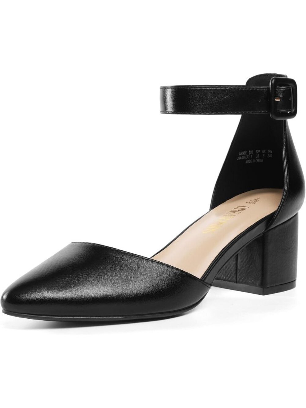 Women's Black Pu ANNEE Closed Toe Low Chunky Block Heels Ankle Strap Pumps Shoes